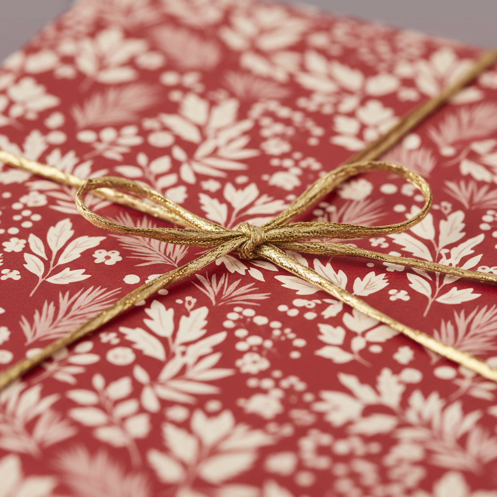 Close-up of a gift wrapped in red floral wrapping paper with a gold ribbon, perfect for Christmas or birthdays.