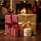 Elegant Christmas gift wrap: red floral paper, gold box with ribbons, festive holiday scene with people.