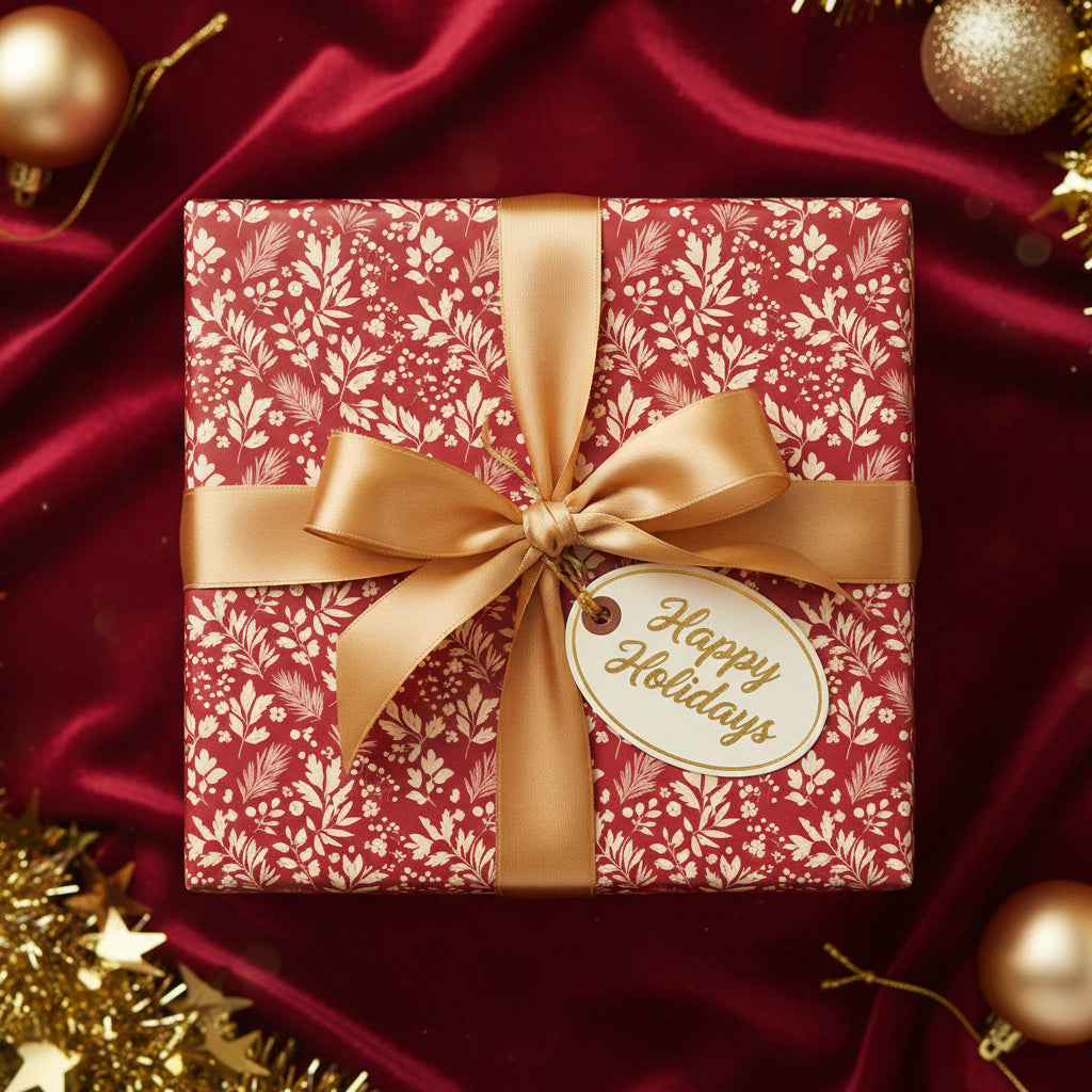 Elegant Christmas gift wrapped in red floral paper with a gold ribbon and "Happy Holidays" tag.