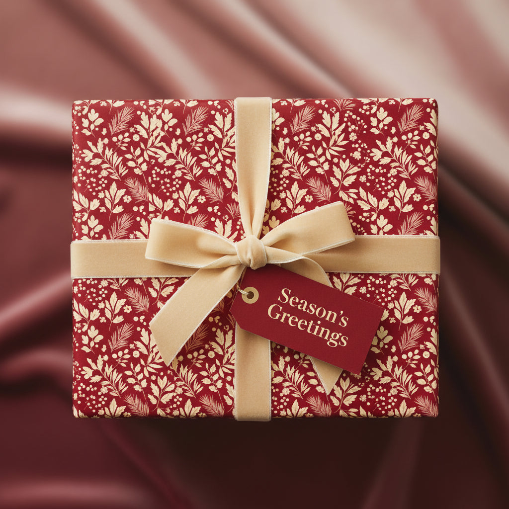Elegant red floral wrapping paper with gold ribbon and "Season's Greetings" tag.
