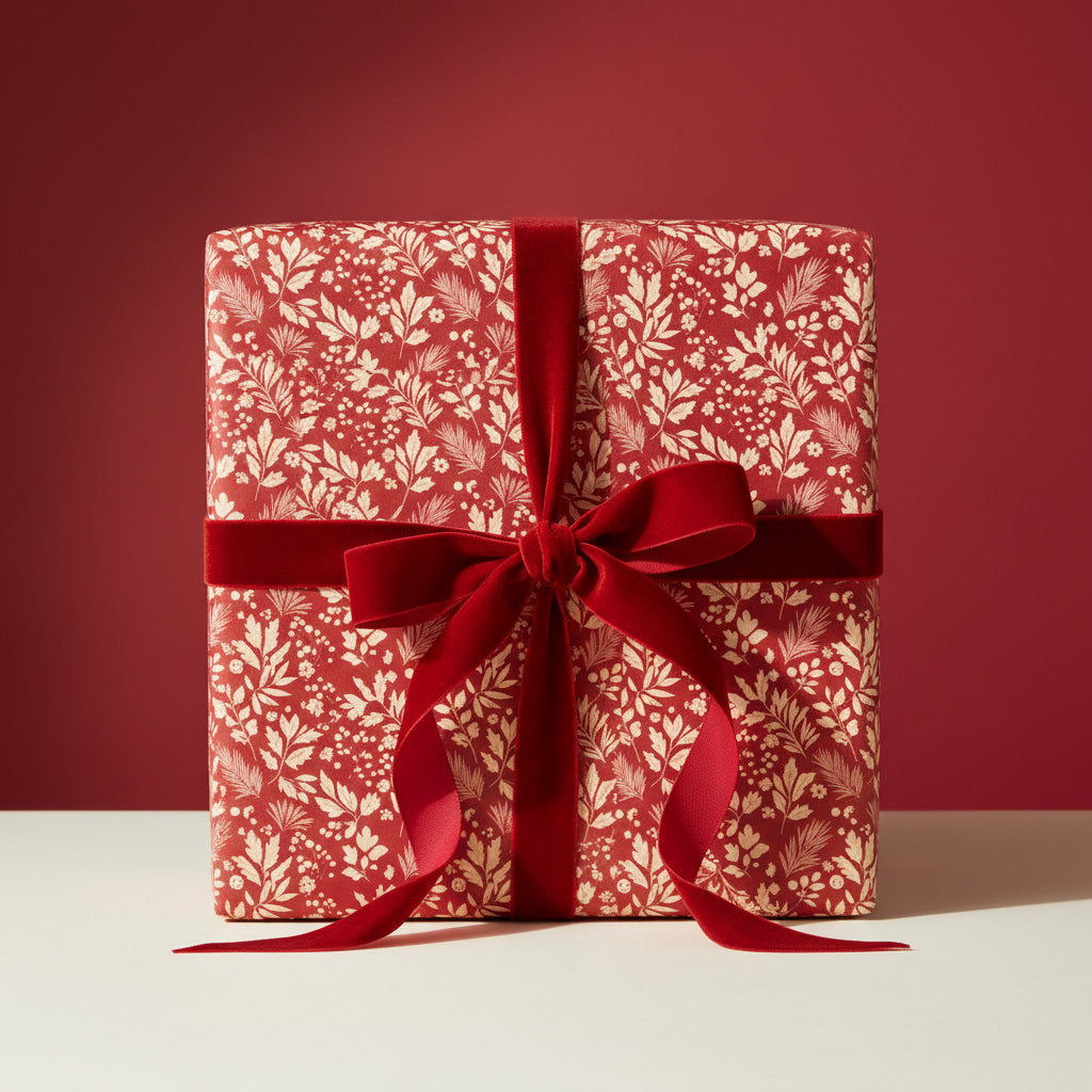 Elegant gift wrapped in red floral wrapping paper, tied with a velvet ribbon.