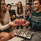 Giving Christmas gift wrapped in red floral paper with a gold ribbon bow among friends.