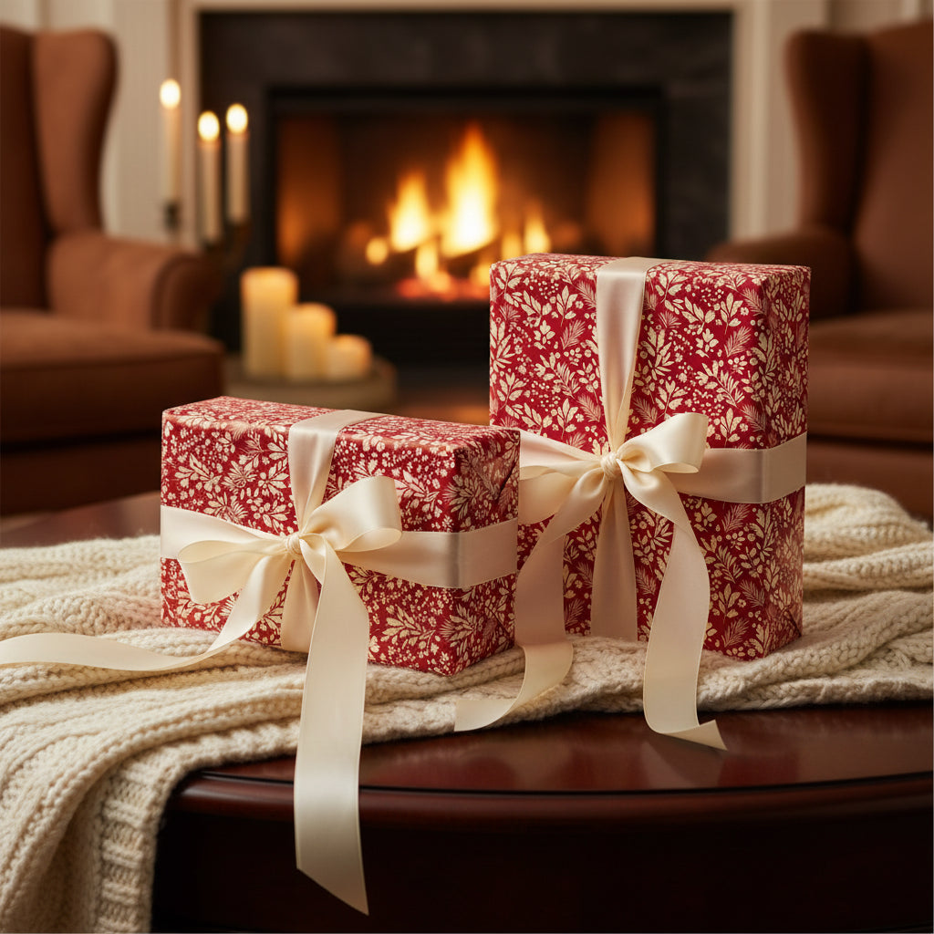 Elegant Christmas gifts wrapped in red floral wrapping paper with cream ribbon, near a cozy fireplace.