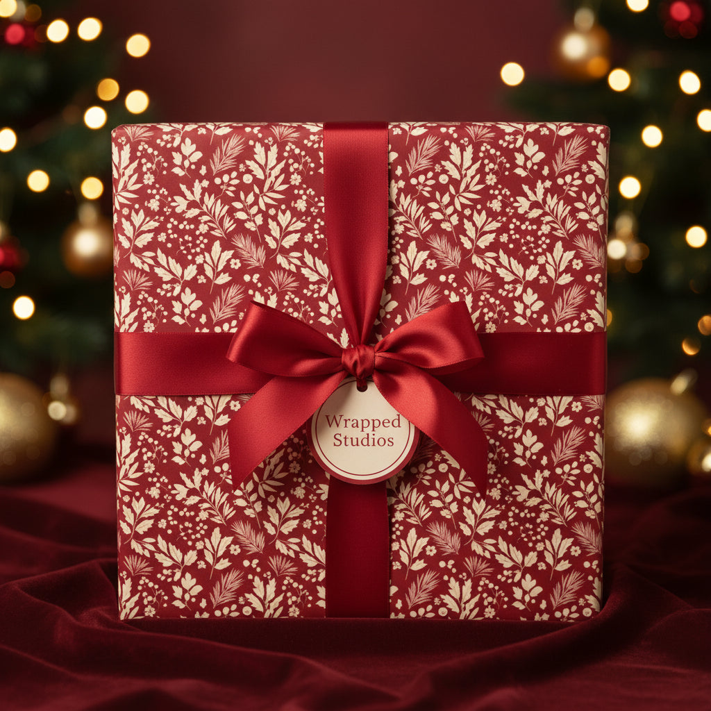 Elegant Christmas gift wrap with red ribbon and gold floral pattern.