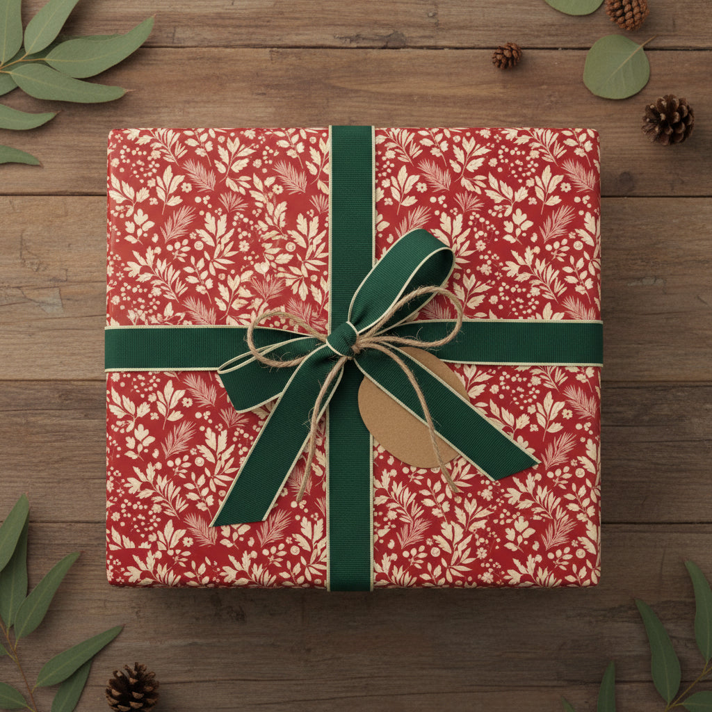 Elegant Christmas gift wrap: Red floral paper with green ribbon and a blank tag on a rustic wood background.