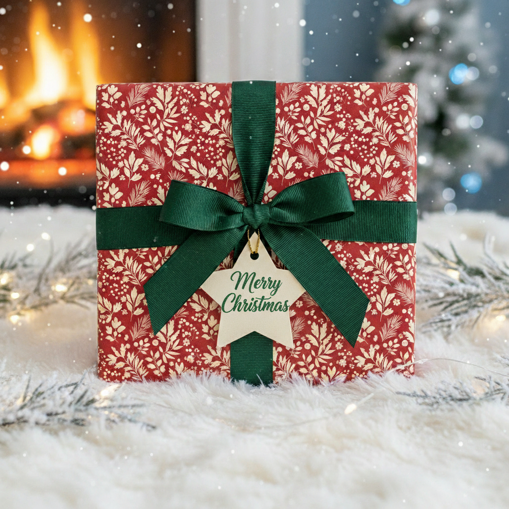 Square Christmas gift wrapped in red floral paper with a green ribbon and star tag.