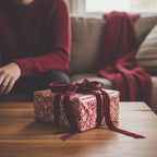 Elegant red and gold floral wrapping paper with velvet ribbon, gift on wooden table.