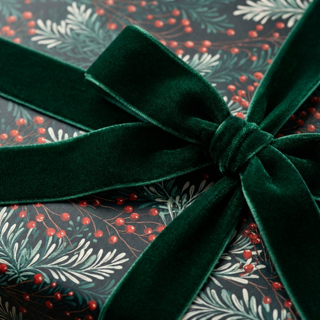 Close-up of floral Christmas wrapping paper with a luxurious green velvet ribbon and bow from Wrapped Studios.