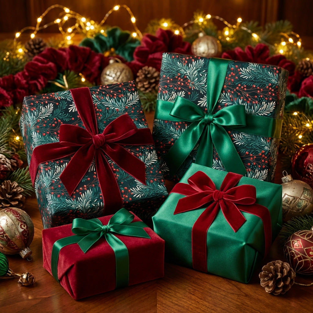 Luxury Christmas gifts wrapped in floral wrapping paper with velvet bows.