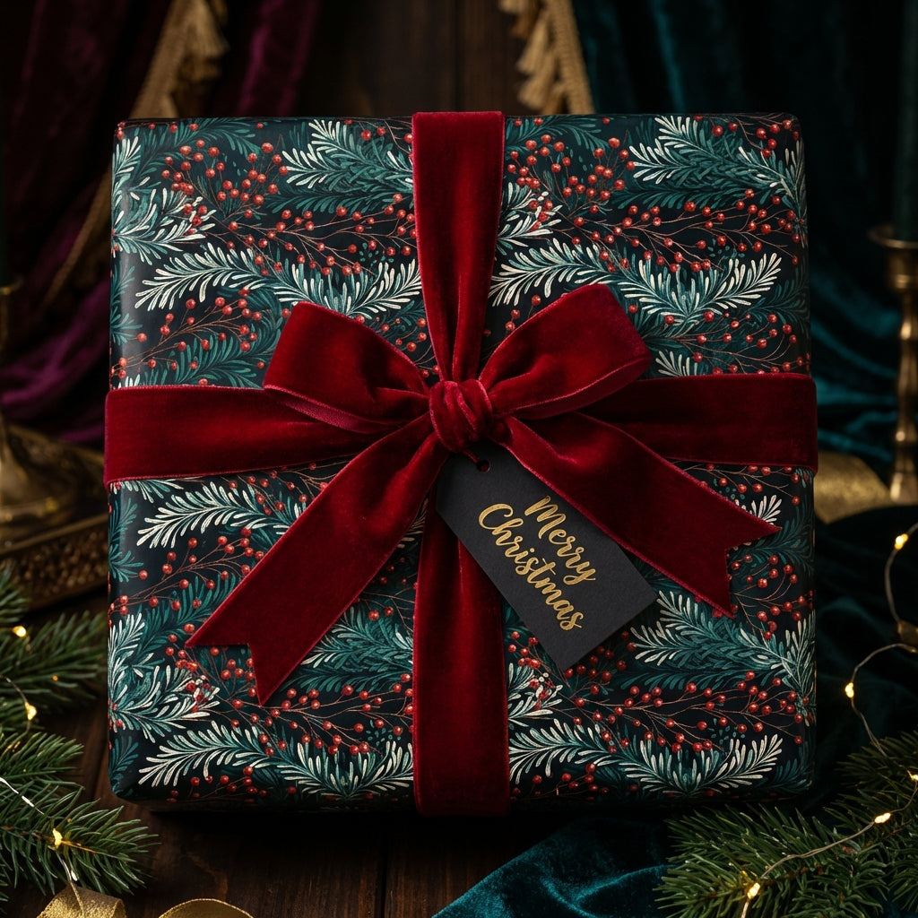 Elegant Christmas gift wrapped in floral paper with a red velvet ribbon and "Merry Christmas" tag.