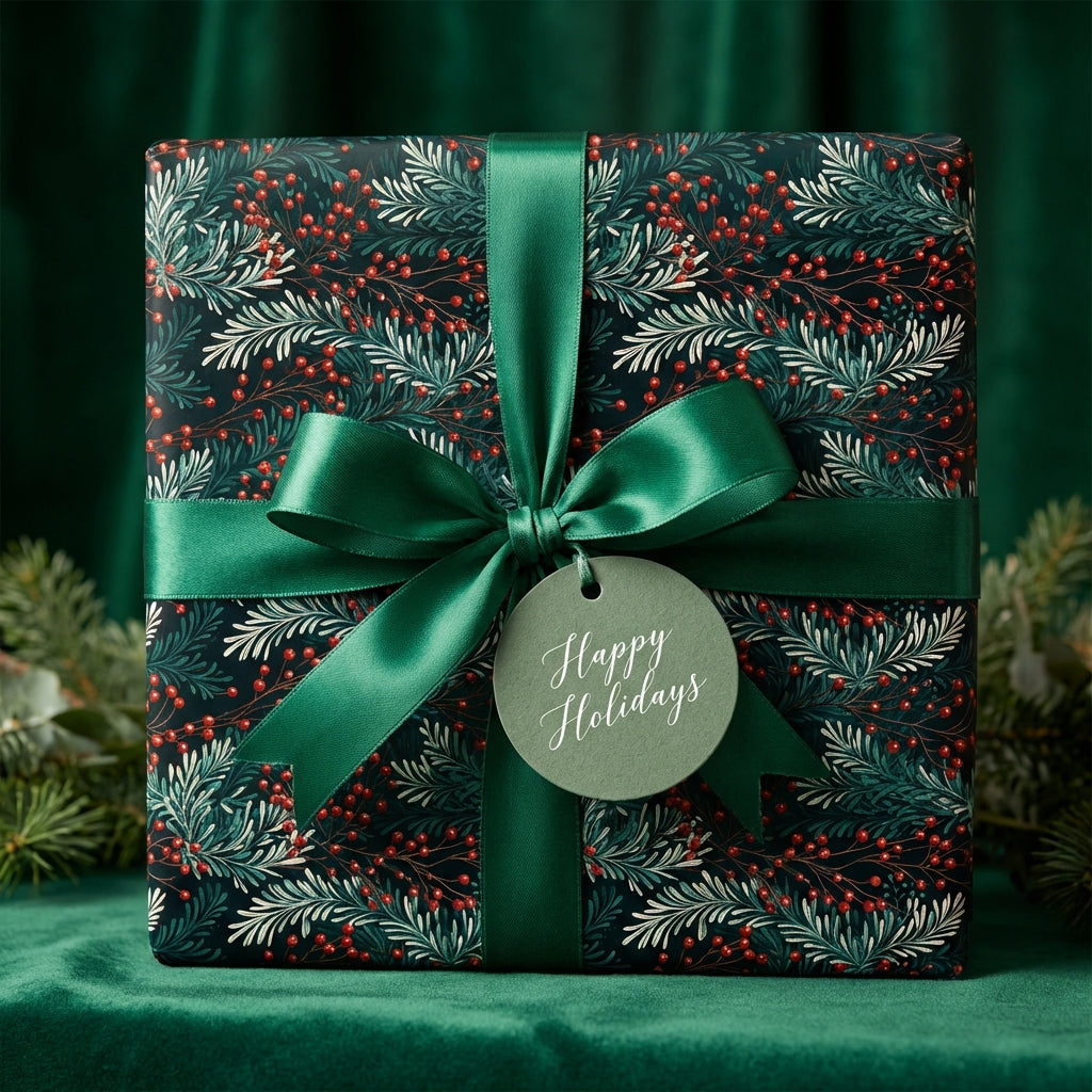 Luxury gift wrapped in dark floral Christmas wrapping paper with green satin bow. Happy Holidays.
