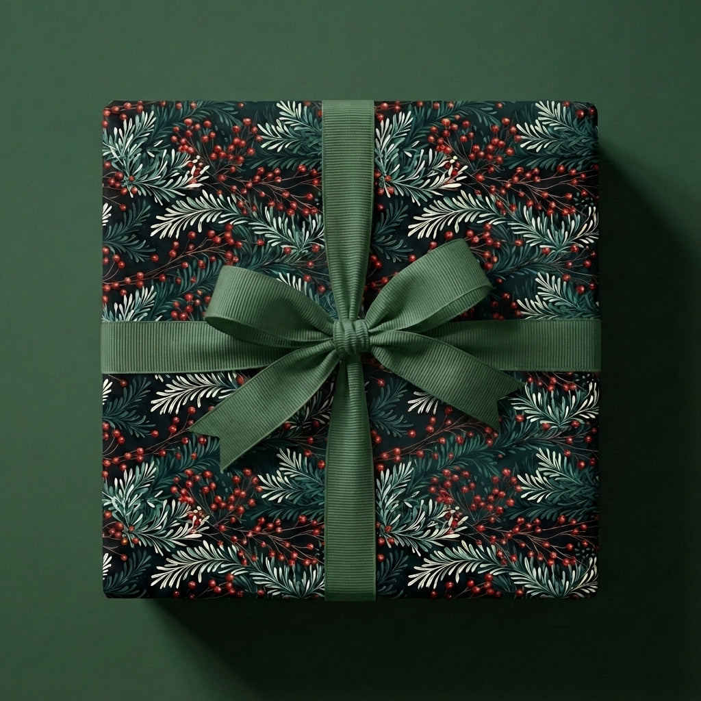 Dark floral Christmas gift wrap with a green ribbon and bow.