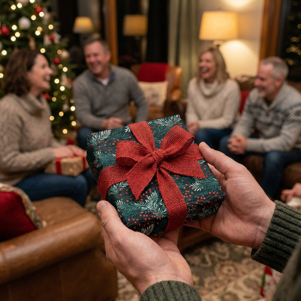 Hands holding Christmas gift wrapped in dark floral paper with red ribbon.