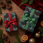 Elegant Christmas gift wrap with festive floral pattern and red and green ribbons.