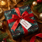 Dark green floral Christmas wrapping paper with a red ribbon and "Seasons Greetings" tag.