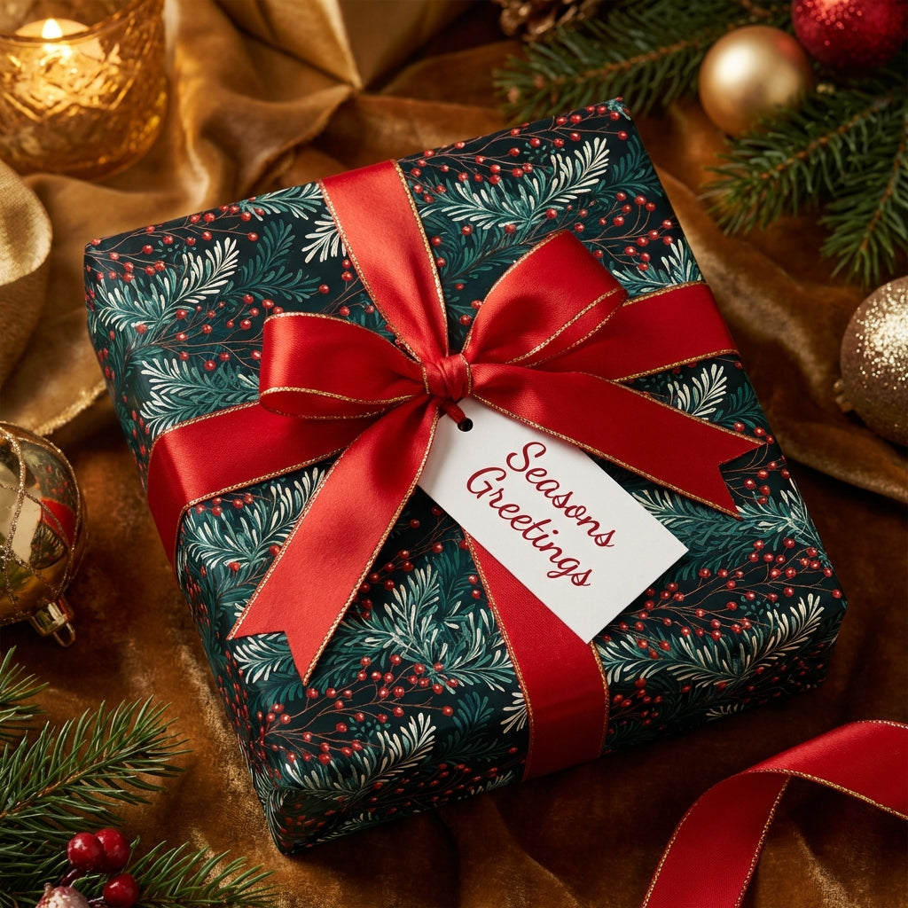 Dark green floral Christmas wrapping paper with a red ribbon and "Seasons Greetings" tag.
