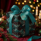 Elegant Christmas gift wrap with a dark floral pattern, teal ribbon, and "From Santa" tag.