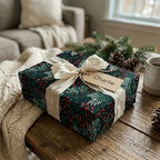 Dark floral Christmas gift wrap with ivory ribbon and "Charlie" tag.