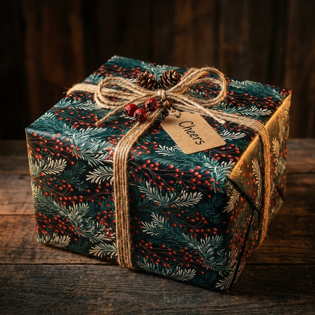 Elegant Christmas gift wrap with floral botanical pattern, tied with twine and a "Cheers" tag.