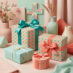 Modern pastel geometric wrapping paper with teal and coral patterns on gift boxes by Wrapped Studios.