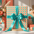 Teal and coral geometric wrapping paper with satin bow, modern birthday gift wrap by Wrapped Studios.