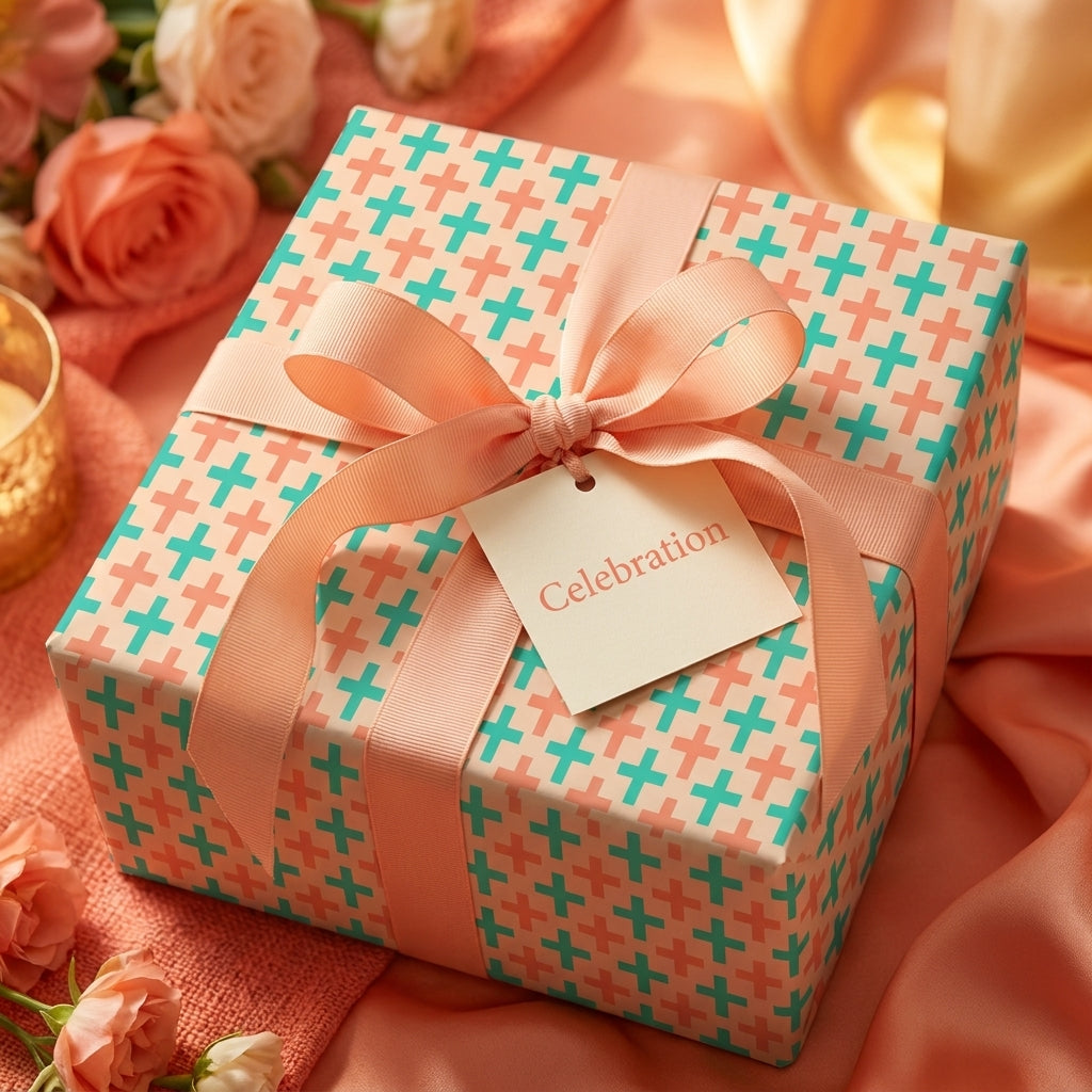 Elegant pastel birthday wrapping paper with a teal and coral cross pattern by Wrapped Studios.