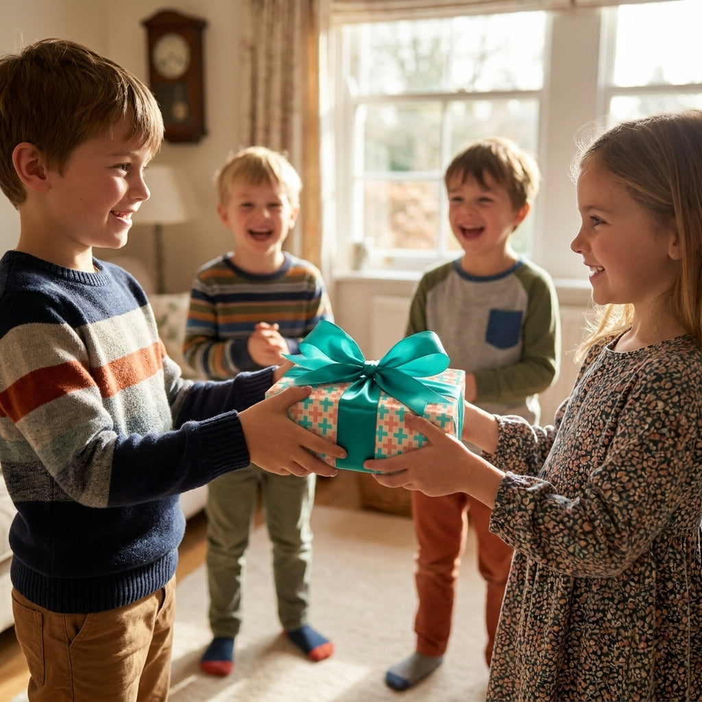 Boy gifting girl a present in kids birthday wrapping paper with teal ribbon by Wrapped Studios.