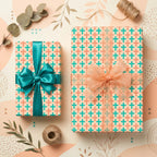 Modern teal and peach geometric wrapping paper with elegant ribbons by Wrapped Studios.
