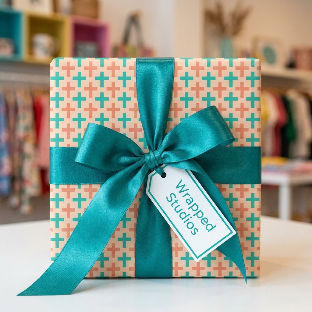 Modern geometric wrapping paper in teal and peach with a large satin bow by Wrapped Studios.