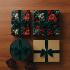 Elegant gifts wrapped in floral wrapping paper with velvet ribbon, perfect for Christmas or birthdays.