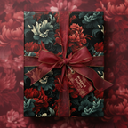 Elegant floral wrapping paper with red ribbon, ideal for birthday, Christmas, or luxury gift wrap.
