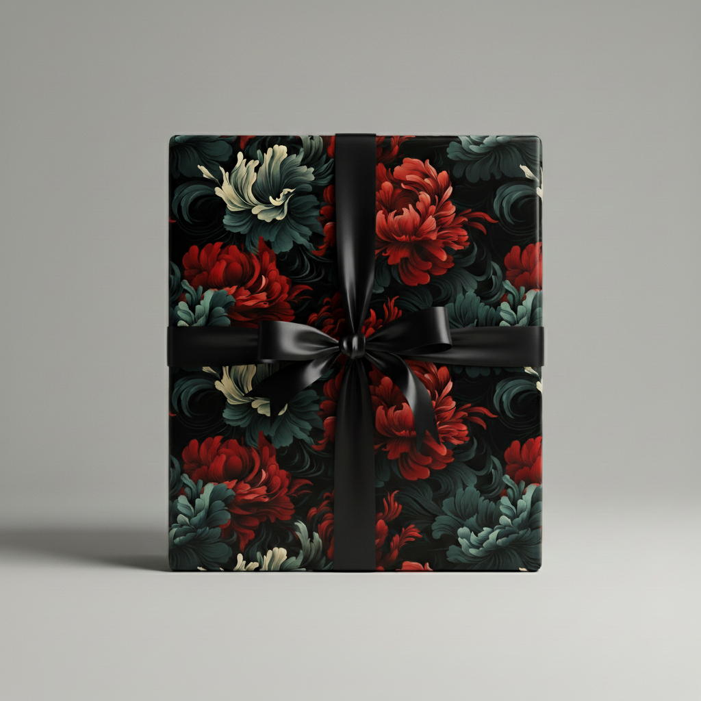 Elegant floral wrapping paper featuring red blossoms and a black satin ribbon.