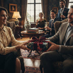 Woman receiving gift wrapped in luxury floral wrapping paper with burgundy velvet ribbon at elegant party.