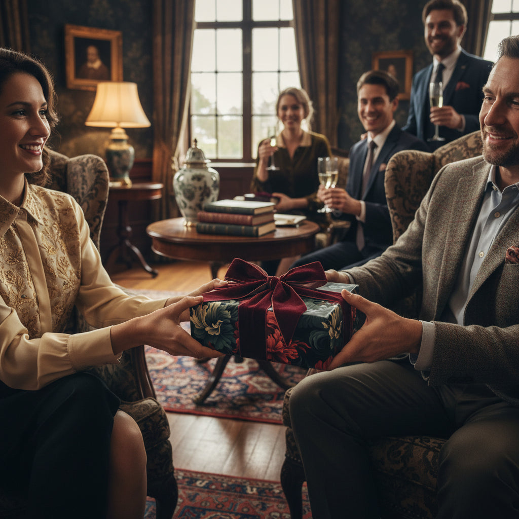 Woman receiving gift wrapped in luxury floral wrapping paper with burgundy velvet ribbon at elegant party.