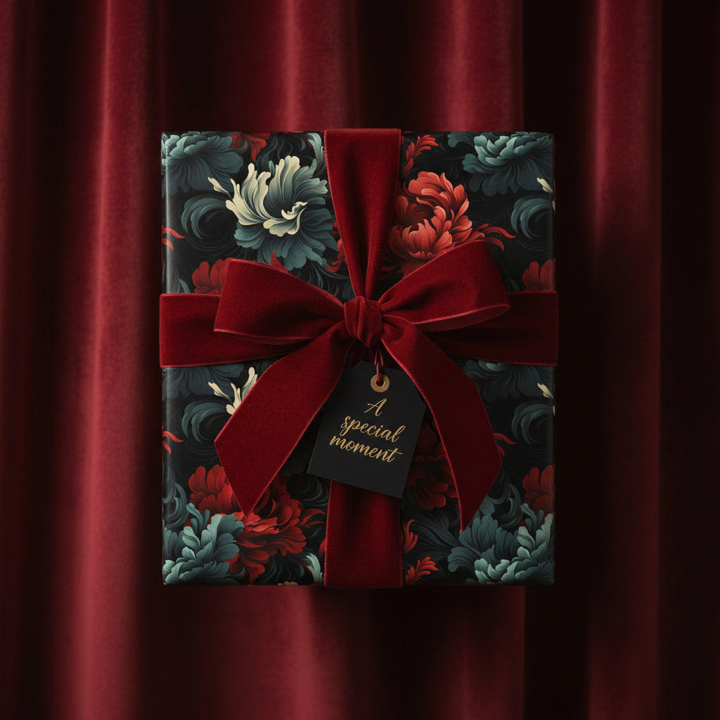 Elegant floral wrapping paper with a red velvet ribbon, perfect for a special occasion gift.