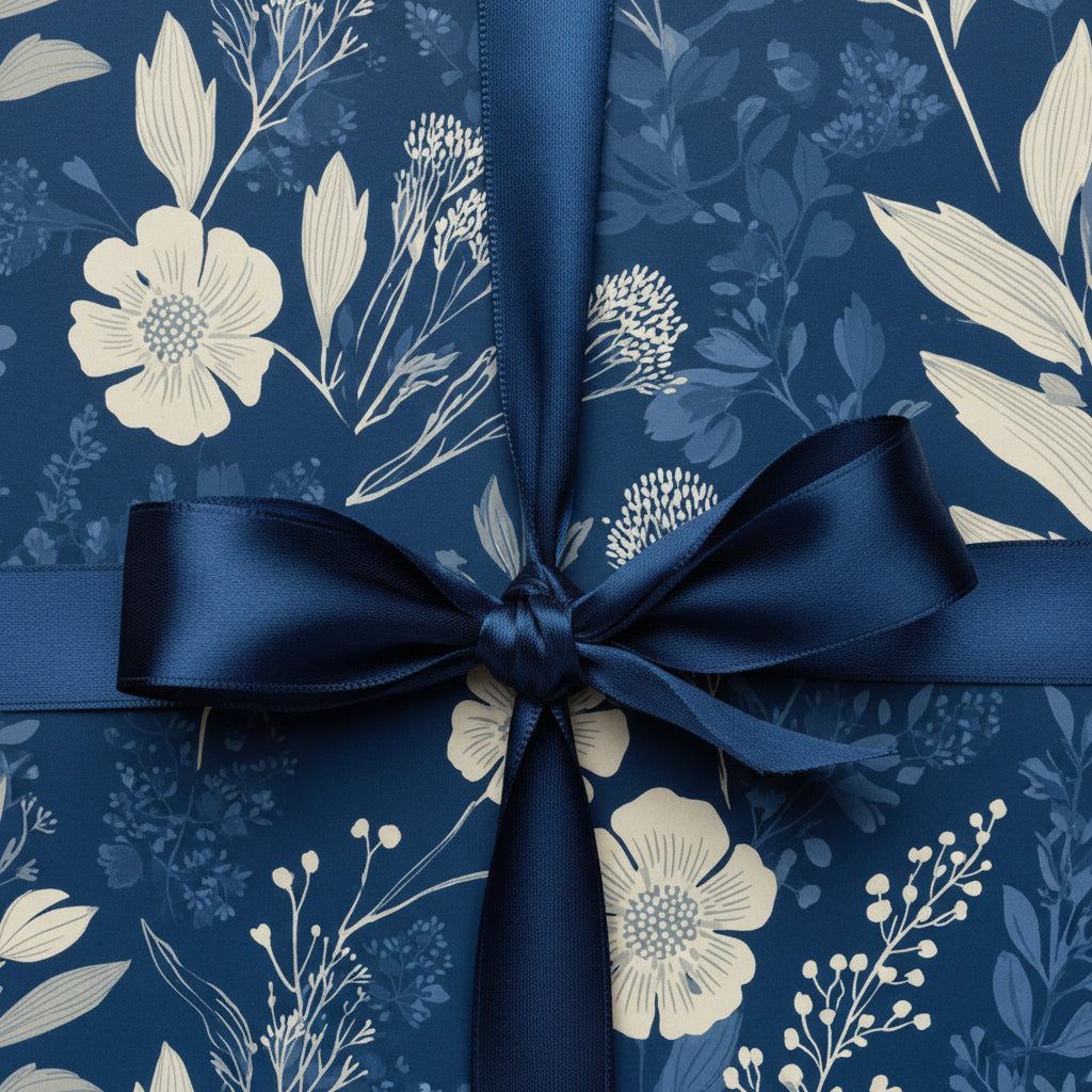Elegant navy blue floral wrapping paper with a satin bow tied on a wrapped gift box.
