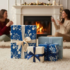 Elegant blue floral wrapping paper with ribbons on Christmas gifts, with a cozy fireplace backdrop.