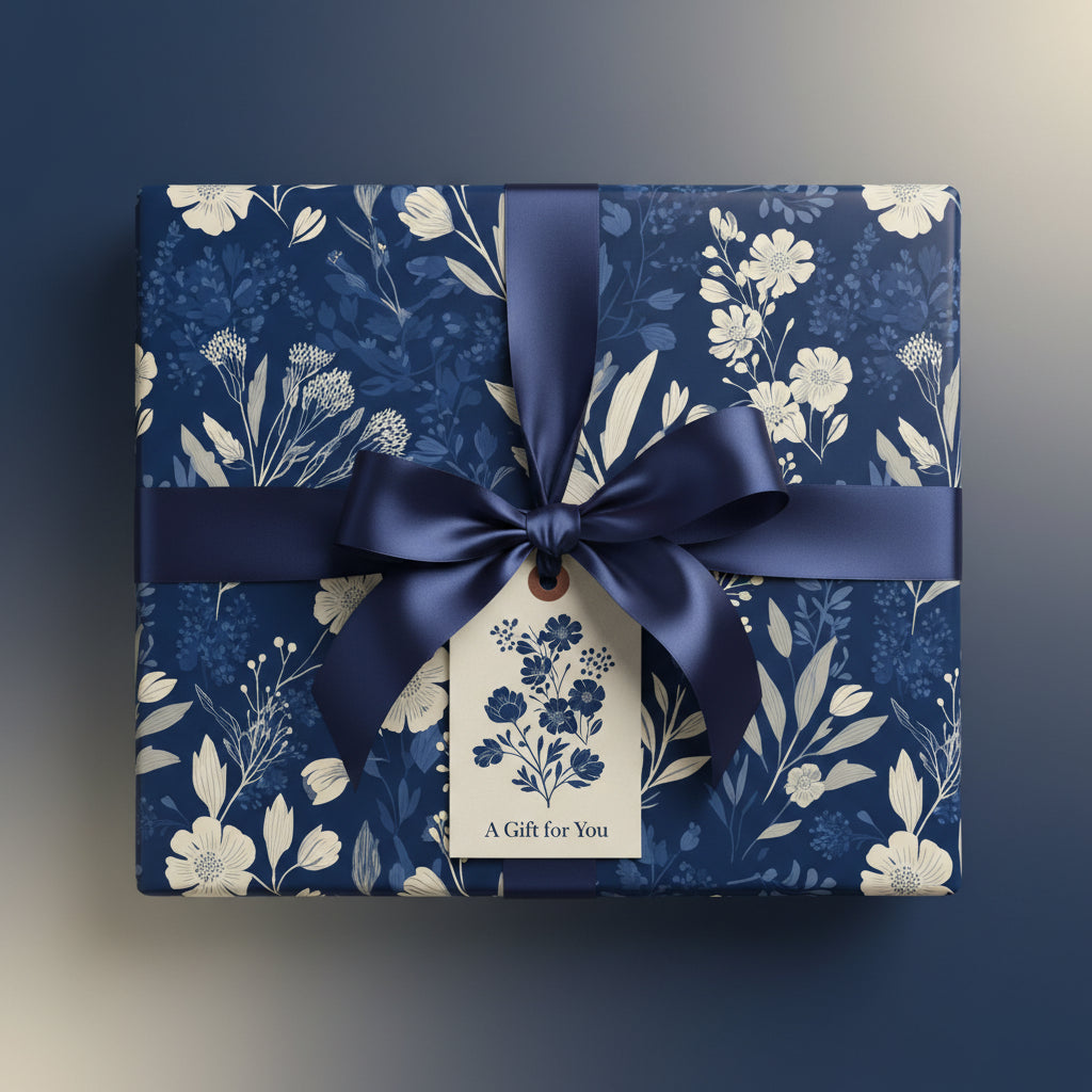 Dark blue floral wrapping paper with a satin ribbon and a gift tag that reads "A Gift for You."