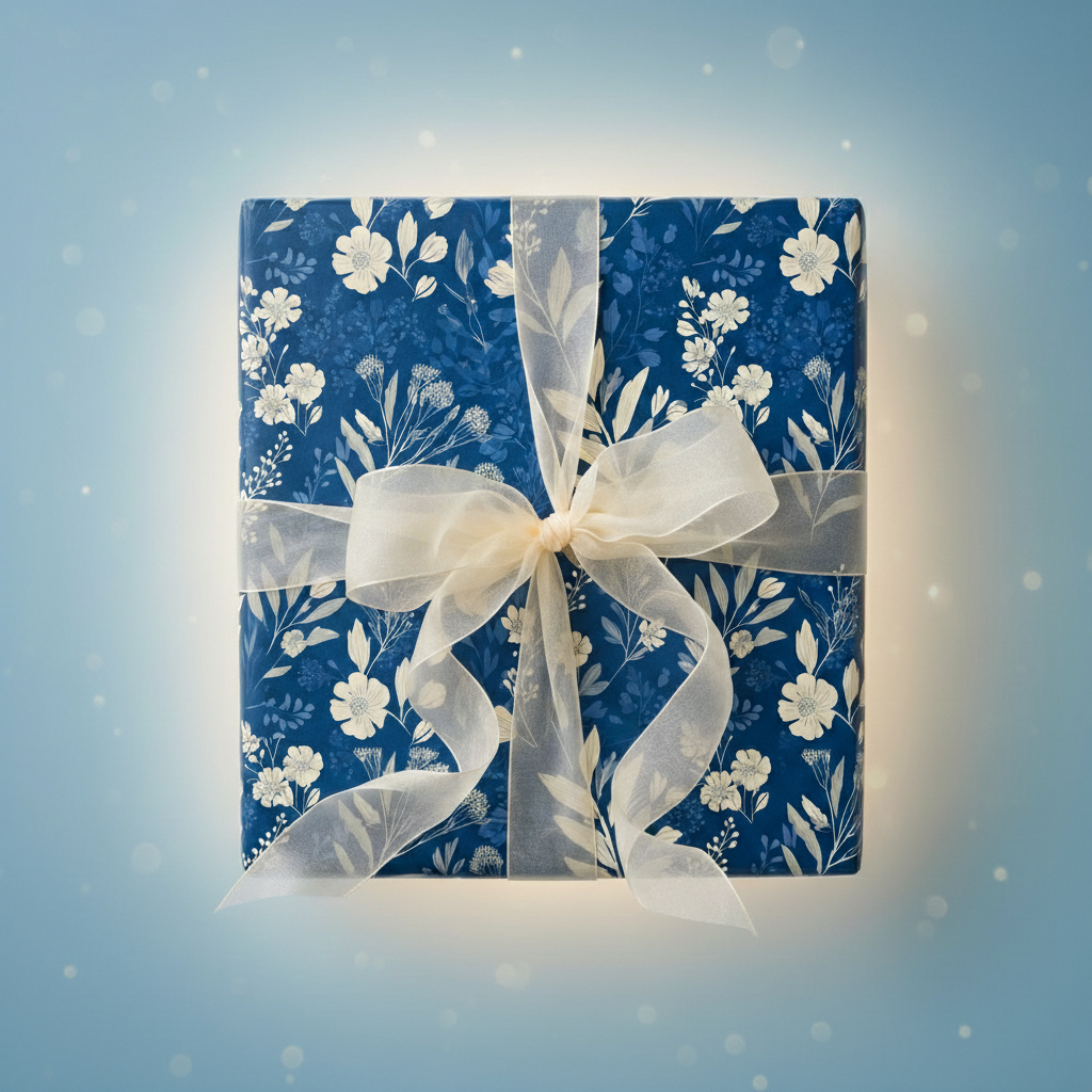 Square gift wrapped in elegant floral wrapping paper with a sheer white ribbon.