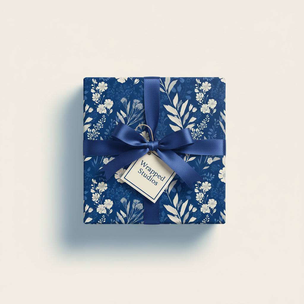 Elegant floral wrapping paper in navy and cream, tied with a satin navy ribbon and gift tag.