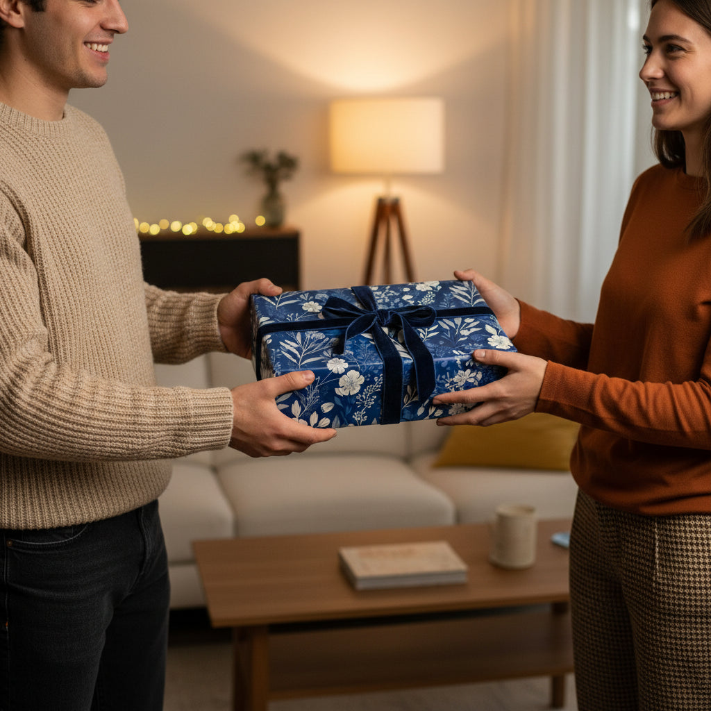 Couple exchanging a gift wrapped in elegant blue floral wrapping paper with a navy velvet ribbon.