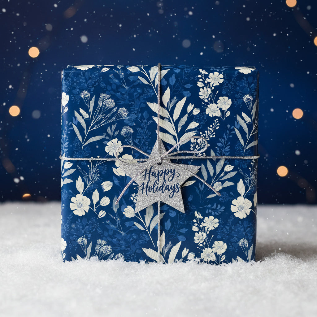 Elegant navy Christmas gift wrap with white floral pattern and silver "Happy Holidays" star tag.