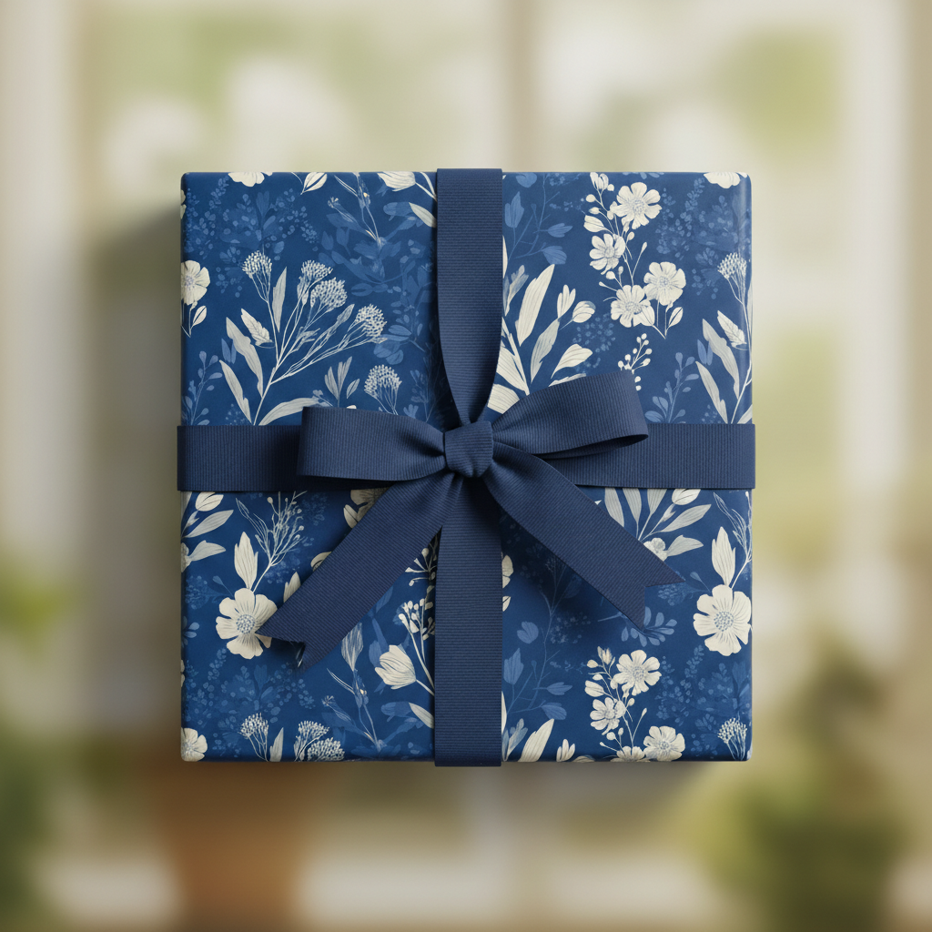 Navy blue square gift box with elegant white floral wrapping paper and matching ribbon bow.