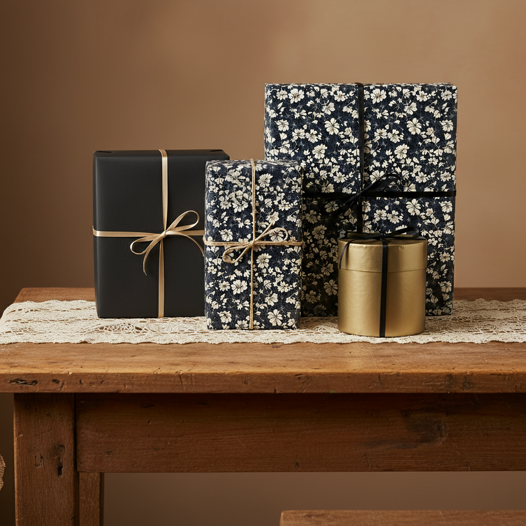 Elegant gifts wrapped in floral wrapping paper and black gift wrap with gold and twine ribbons on a wooden table.