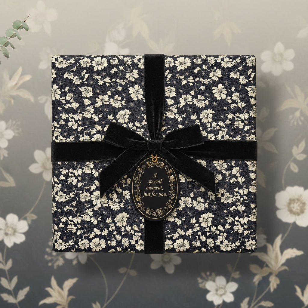 Elegant navy floral wrapping paper with a velvet ribbon and gift tag, perfect for special occasions.