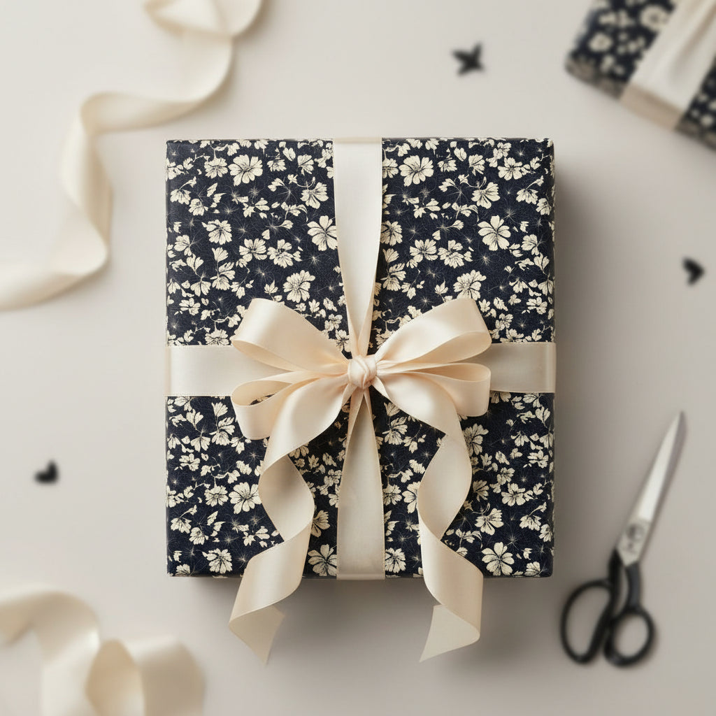 Square gift wrapped in navy floral wrapping paper with cream ribbon and bow.