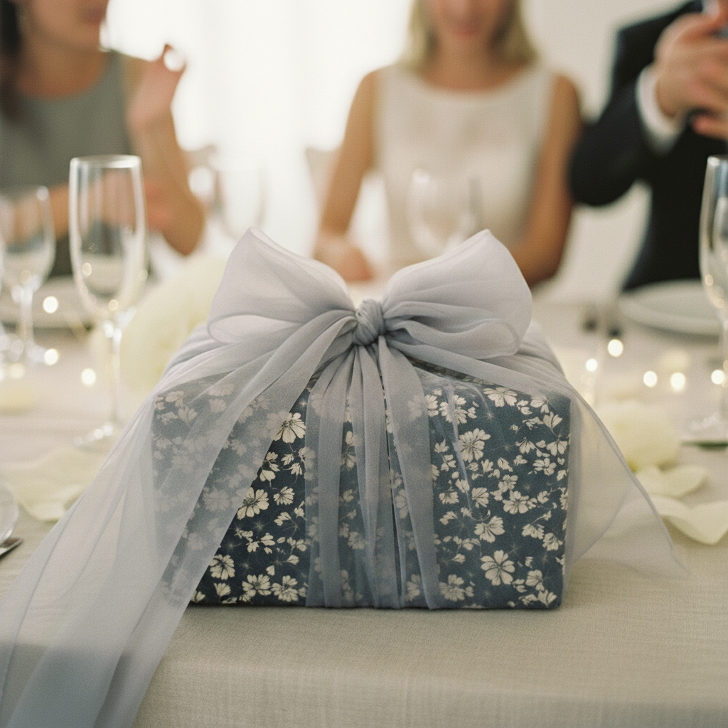 Elegant floral wrapping paper with sheer gray ribbon on a gift at a wedding reception.