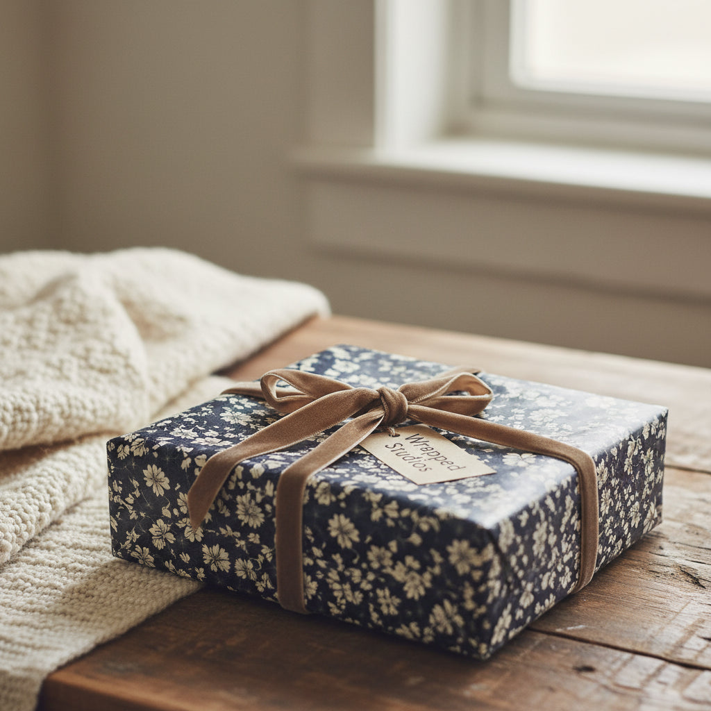Navy floral wrapping paper on a gift box with a brown velvet ribbon.