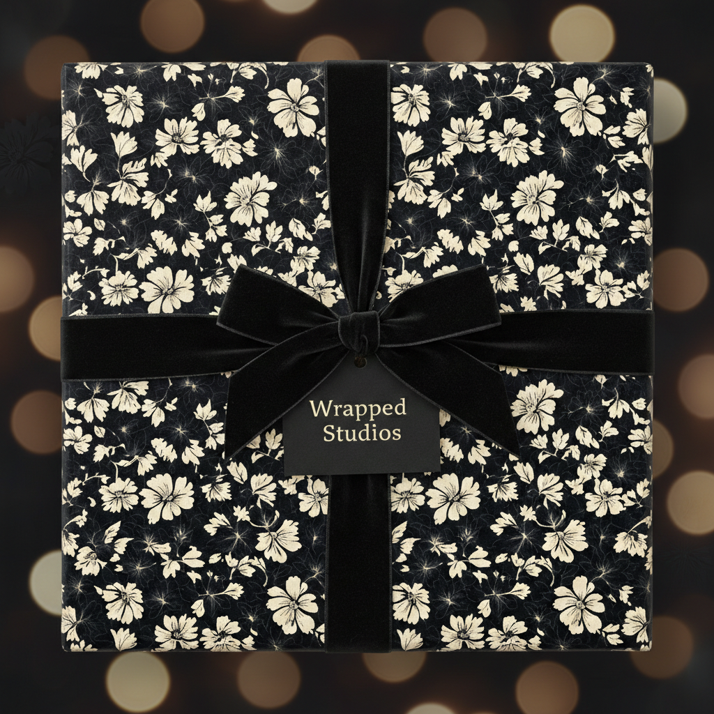 Elegant black floral wrapping paper with velvet bow for luxurious gift presentation.