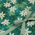 Teal floral wrapping paper with sage ribbon, perfect for birthday or holiday gifts.